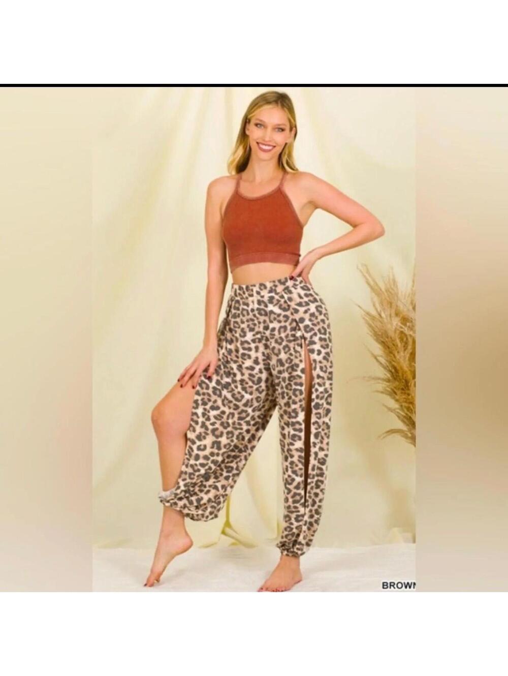 Zenana Brown Leopard Print Harem Pants 2X Boho Wide Leg Slit  Pants Plus Size